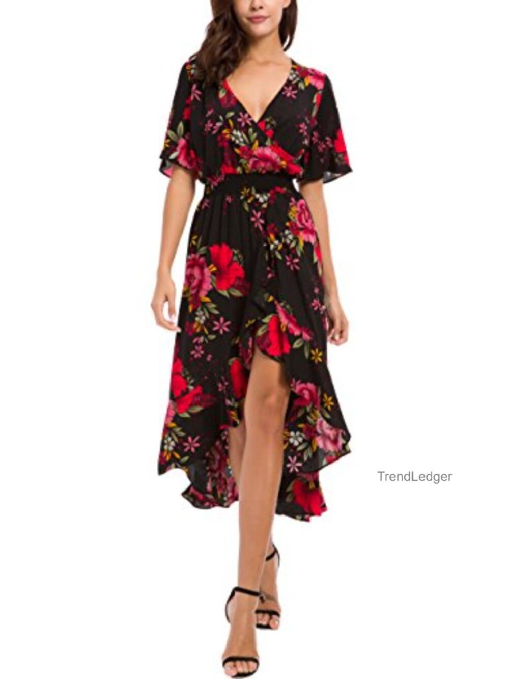 Womens Short Sleeve Floral Maxi Dress High Low V-Neck Flowy Party